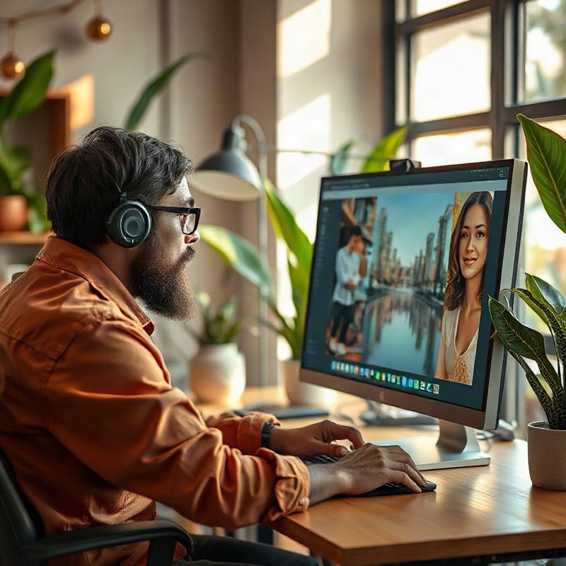 Designer revisando identidade visual em monitor no estúdio em Porto Alegre