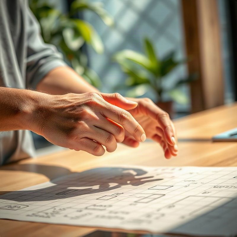 Mãos comparando aplicações de marca impressas e digitais sobre mesa de trabalho