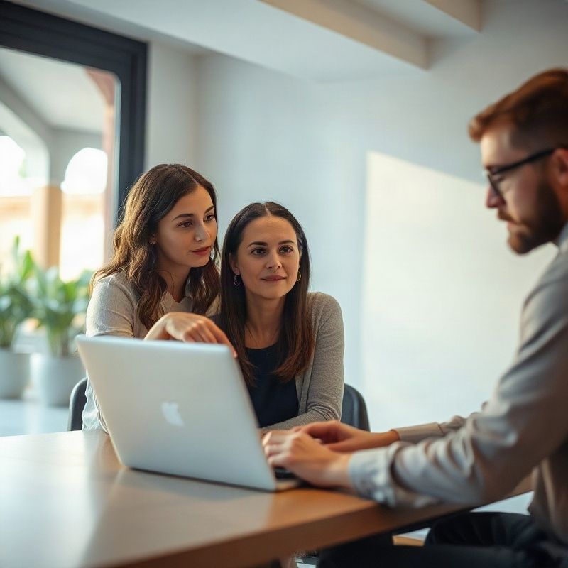 Duas pessoas discutindo propostas de tipografia diante de um notebook